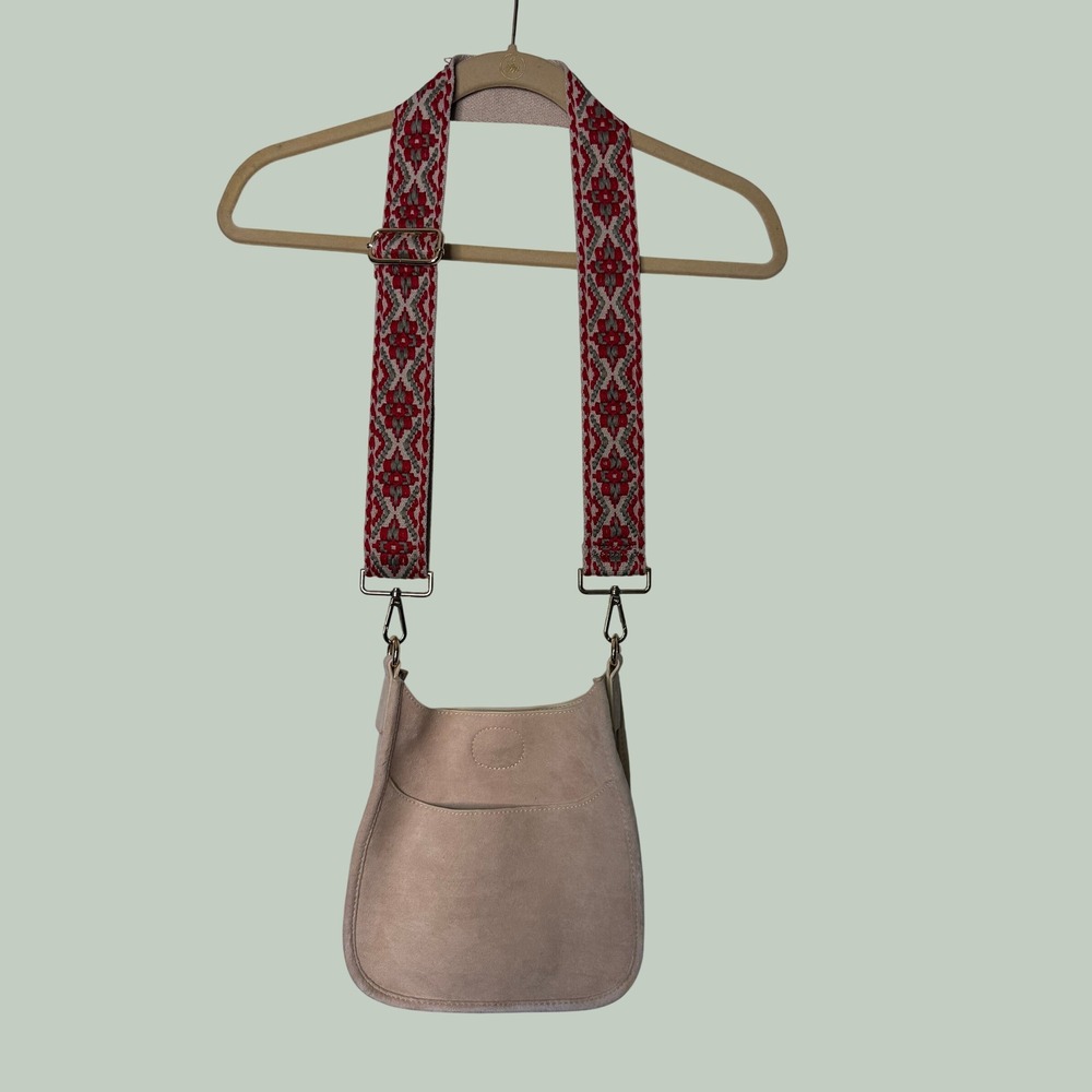 Ah-dorned Vegan Suede Messenger Bag Taupe Beige with Red Geometric Guitar Strap